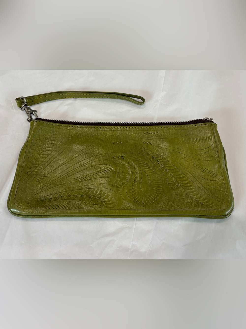 JL Saldivar Olive Green Embossed Leather Wristlet Clutch